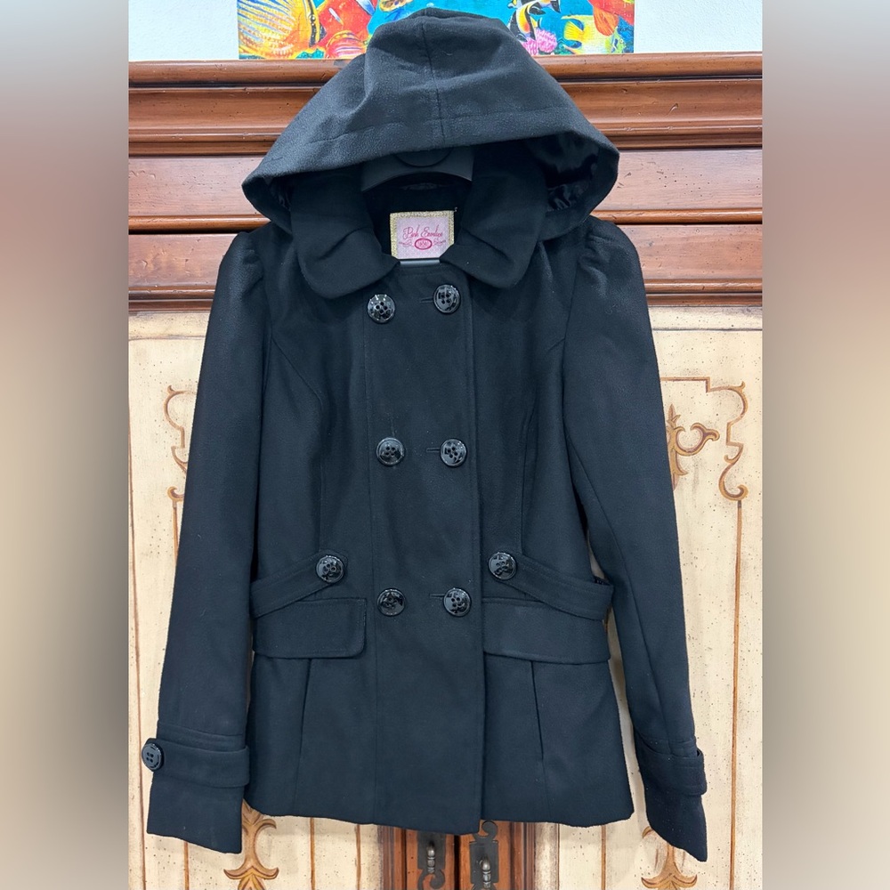 Pink Envelope Black Double-Breasted Pea Coat - M
